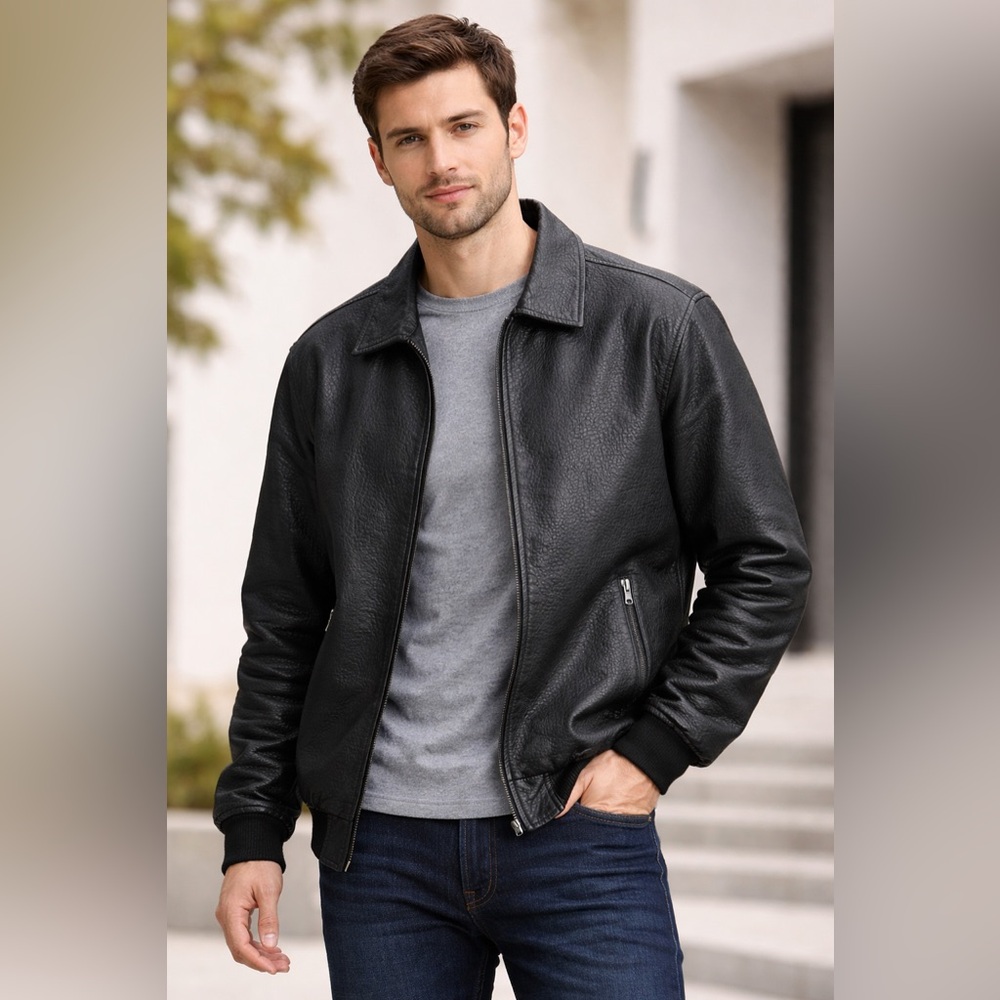 Men's Black Leather Bomber Jacket - Classic Zip Front